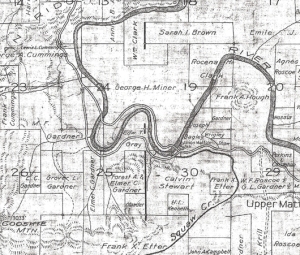 1921 Belcher's map section. Note Bagley's orchard area to the east of the right-hand stroke of the "W" in the river. Gardners are all around, and Dr. Perkins' place is on the far right of the map, which also begins Roscoe country.