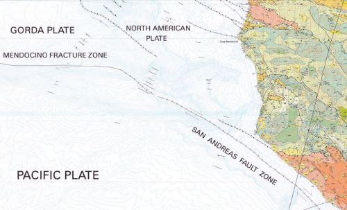 Here is an overview of the Triple Junction area, showing the older Pacific Plate, to the south, pushing up into the Gorda/Juan de Fuca Plate, which is pushing underneath the continent (the North American Plate). Volcanoes east of us are one result of the pushing of the Pacific Plate under the westward-moving North American. We all know another result!
